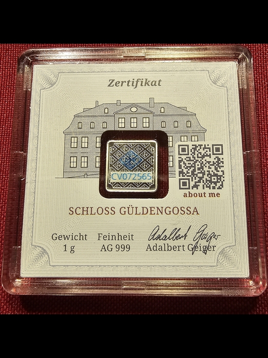 geiger Other - Schloss Güldengossa 1g AG 999 Silver Square Ingot - Silver & Blue